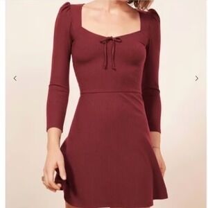 Reformation Annabella Ribbed Knit Long Sleeve Mini Dress Tie Front Size  Large‎